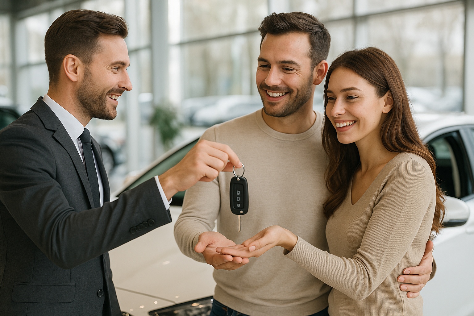 A couple receiving the car keys to their rental vehicle.